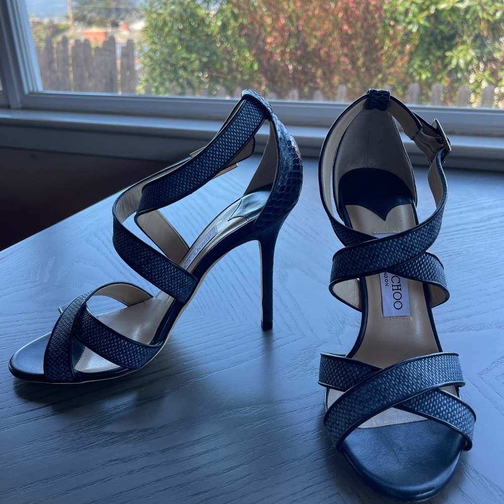 LIKE NEW Jimmy Choo denim/snake heels!! 38